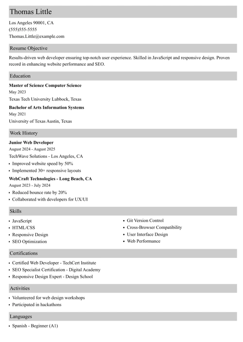 junior web developer resume example