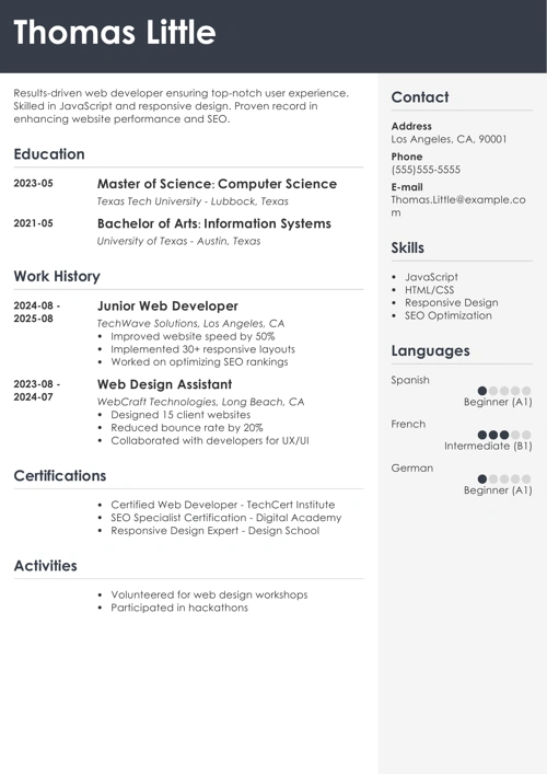 junior web developer resume example