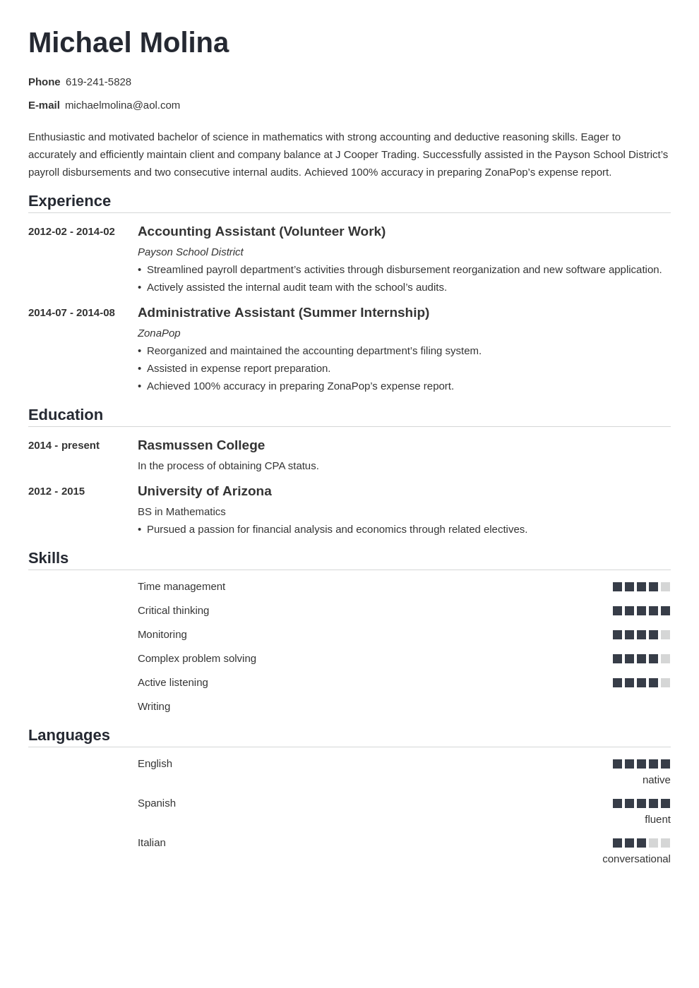 resume samples for bookkeeper entry level