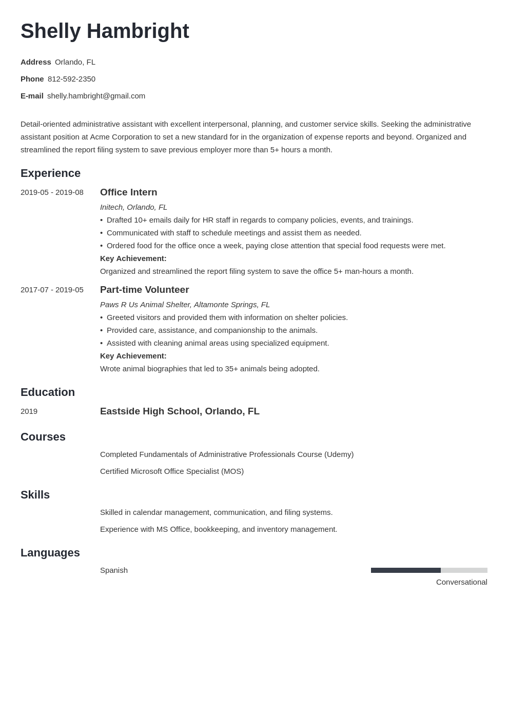 resume sample for administrative assistant with no experience