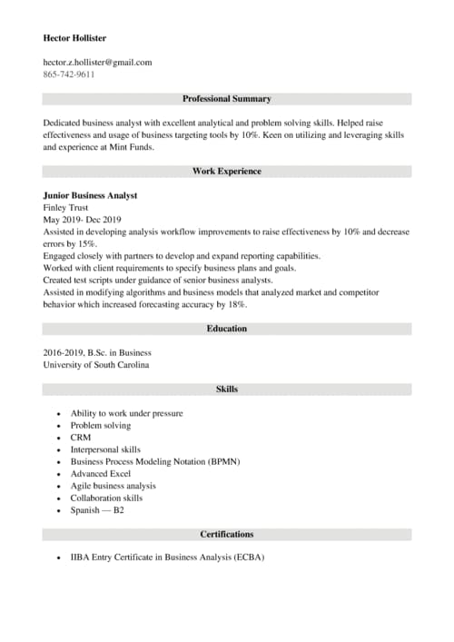 entry level business analyst resume templates