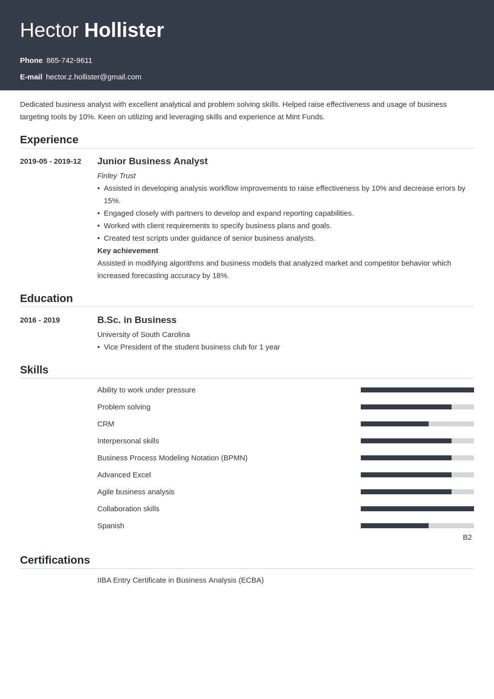 resume samples for freshers in business analyst