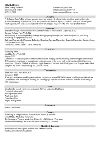 entry-level marketing resume example