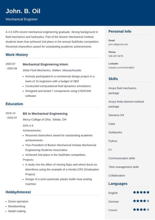 Entry Level Mechanical Engineering Resume Example Tips