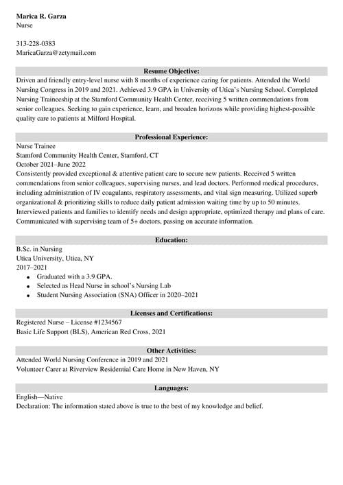 entry level nurse resume example