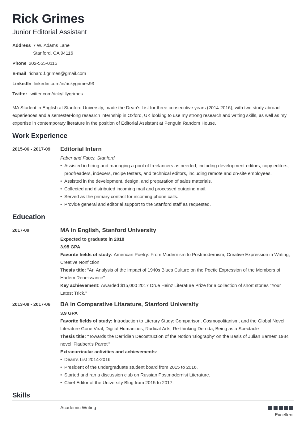 resume for entry level position