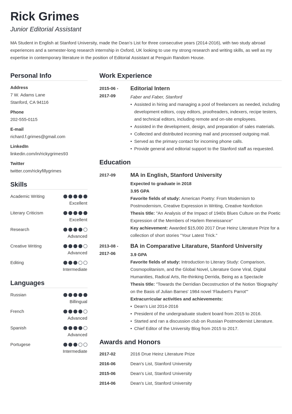 entry level resume example template simple