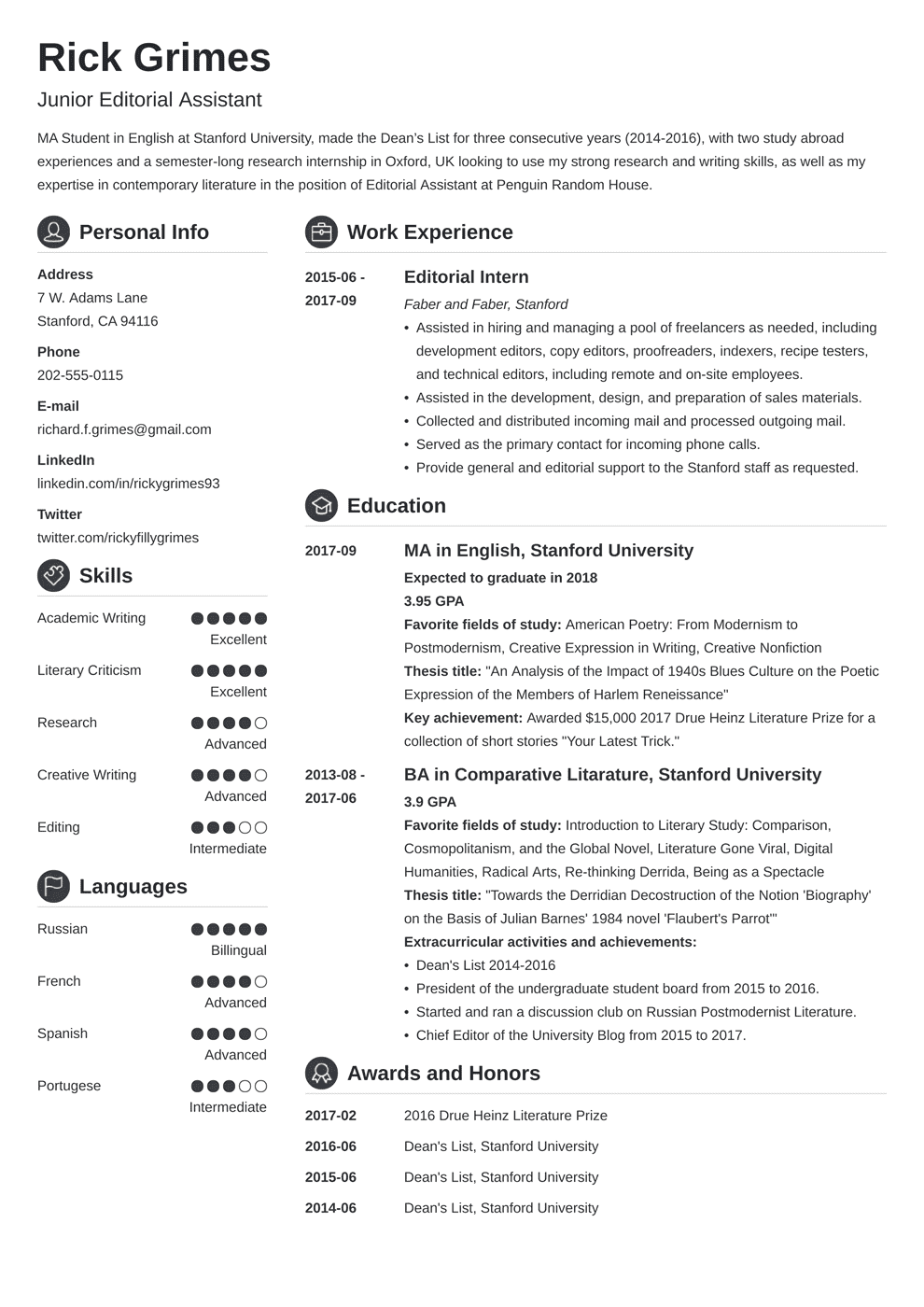 entry level resume profile example for students