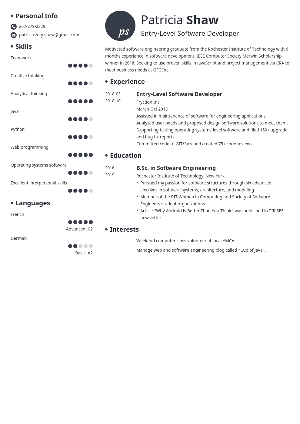 entry level software engineer resume example template initials