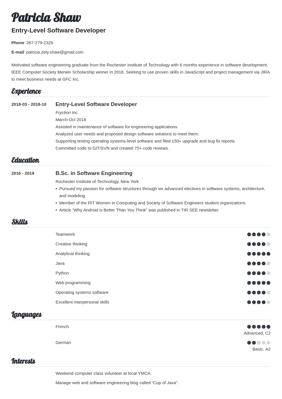 entry level software engineer resume example template valera