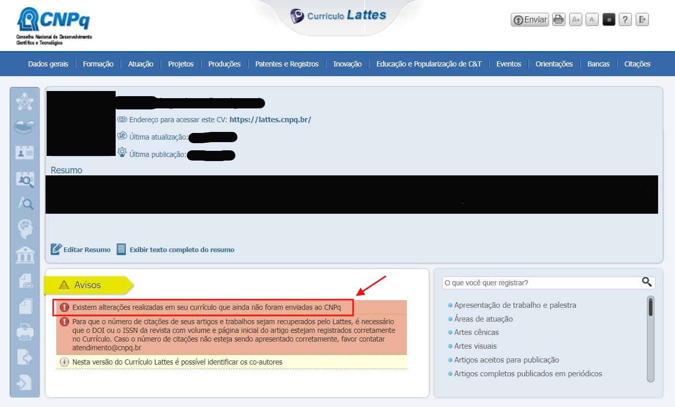 Enviar atualização do currículo lattes ao CNPq