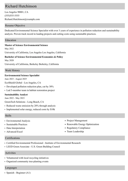 environmental science resume example