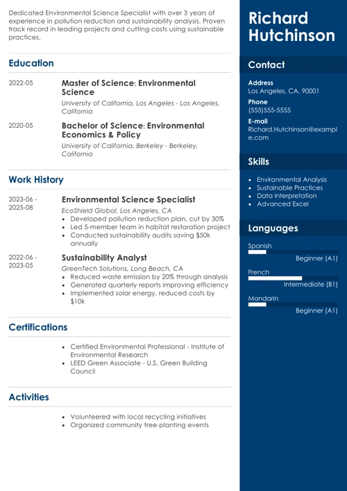 environmental science resume example