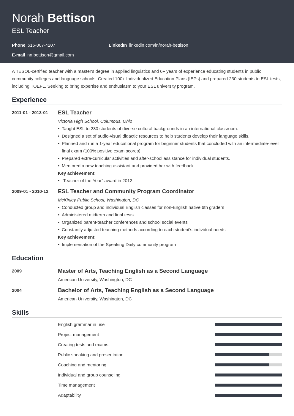 sample resume for esl teacher