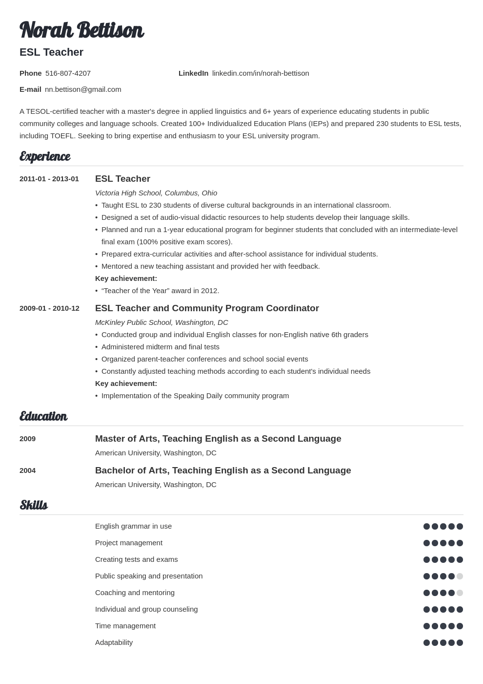 sample resume of esl teacher