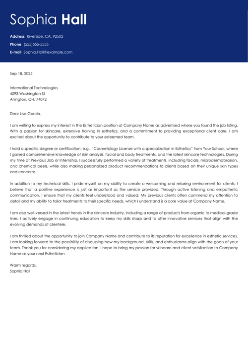 Esthetician Cover Letter Example & Writing Guide [2025]