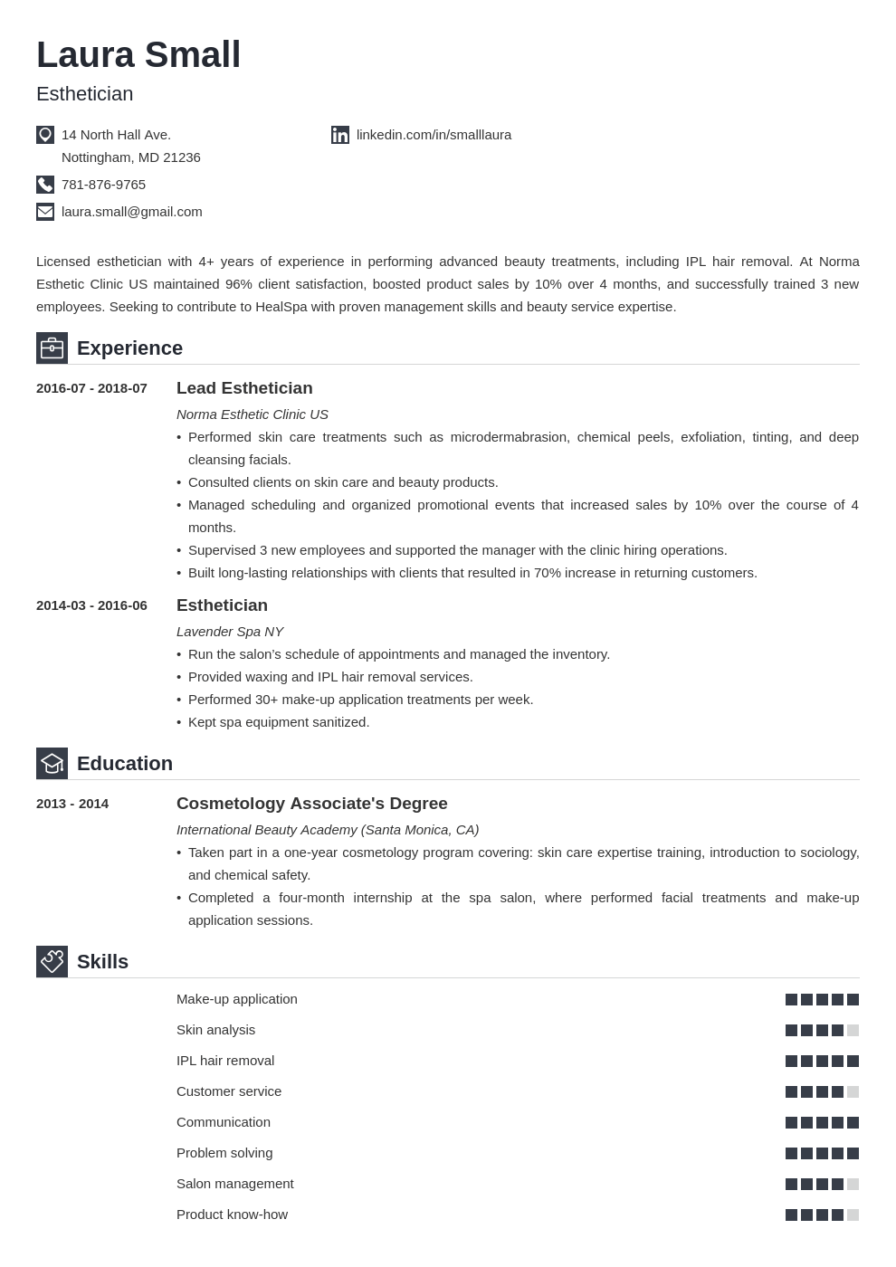 esthetician resume example template iconic