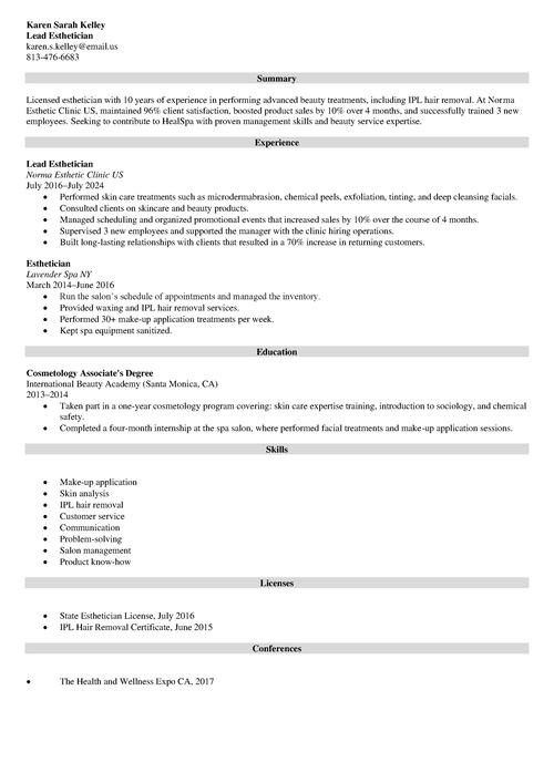 Esthetician Resume Example