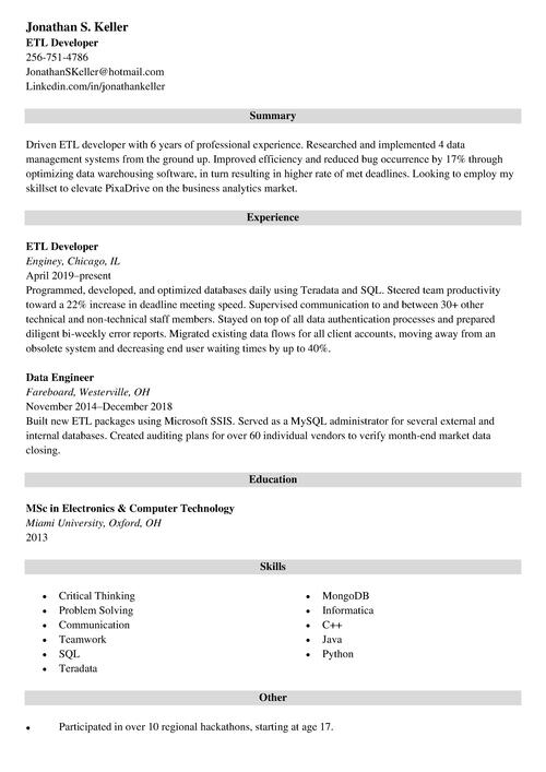 etl developer resume example