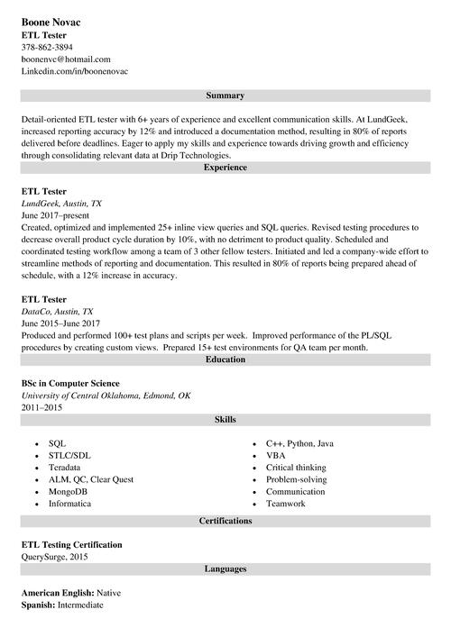 etl tester resume example