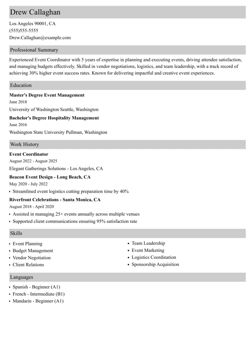 event coordinator resume example