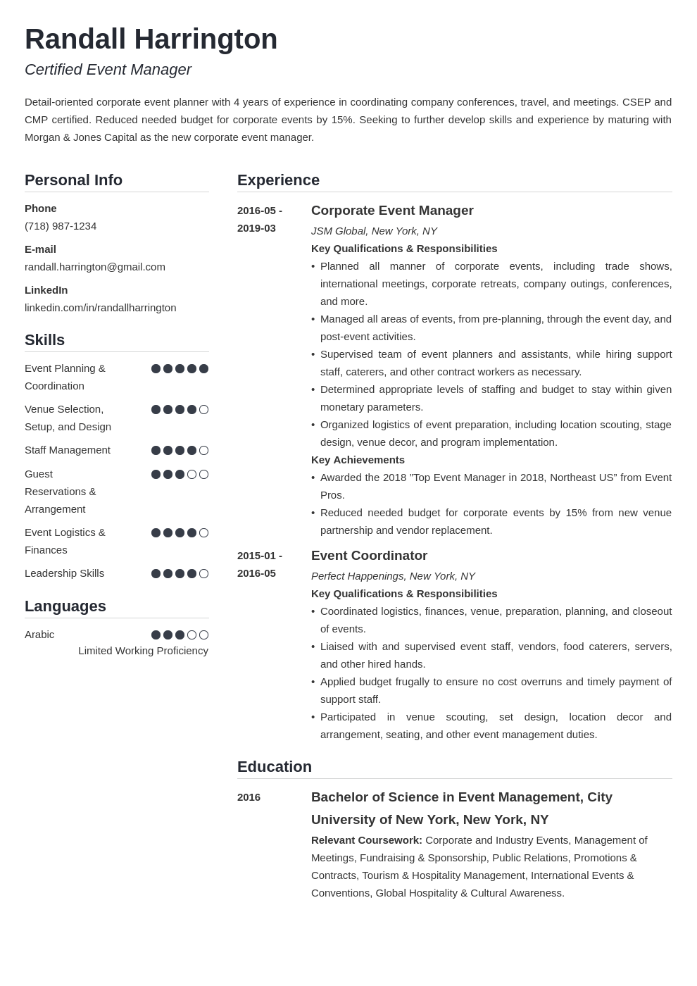 event manager resume example template simple