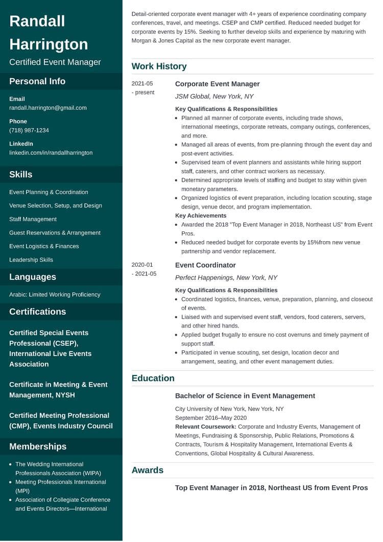 event manager resume on a Cascade resume template from Zety