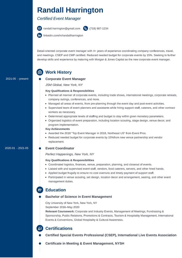 event manager resume on a Concept resume template from Zety