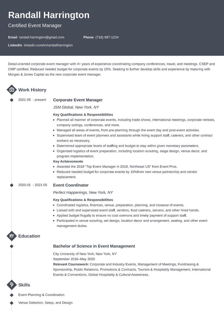 event manager resume on a Diamond resume template from Zety