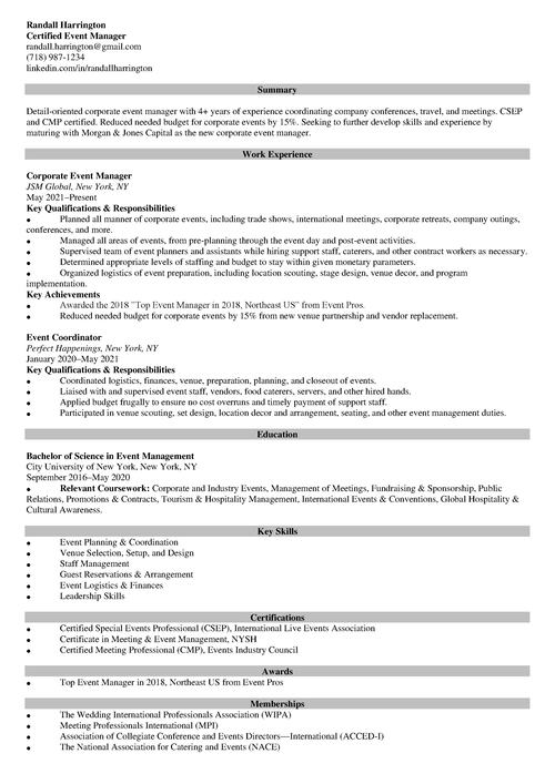 Event Manager Resume Example