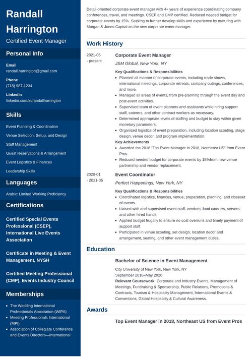 Event Manager Resume Example