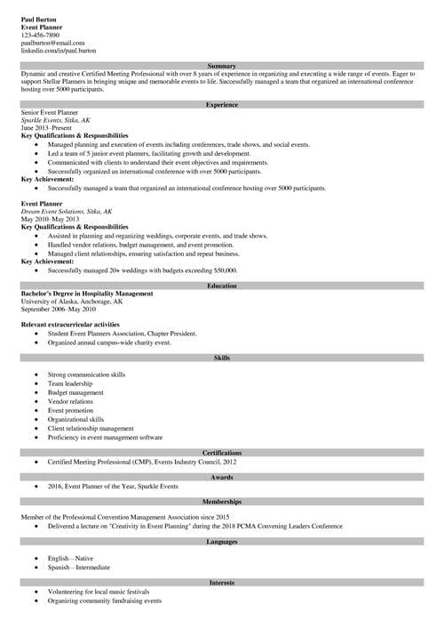 Event planner resume example