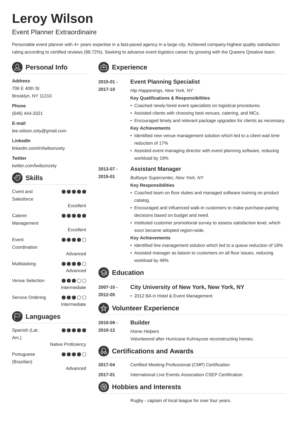 Event Planner / Coordinator Resume Sample & Job Description