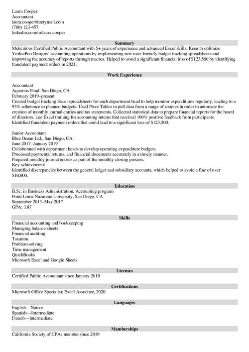 sample resume with excel skills