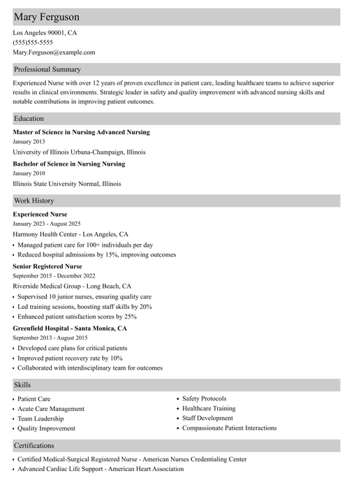 experienced nurse resume example