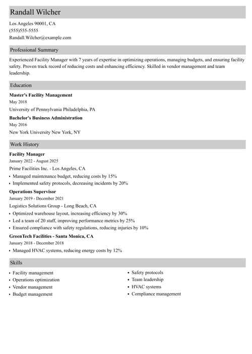 facility manager resume example