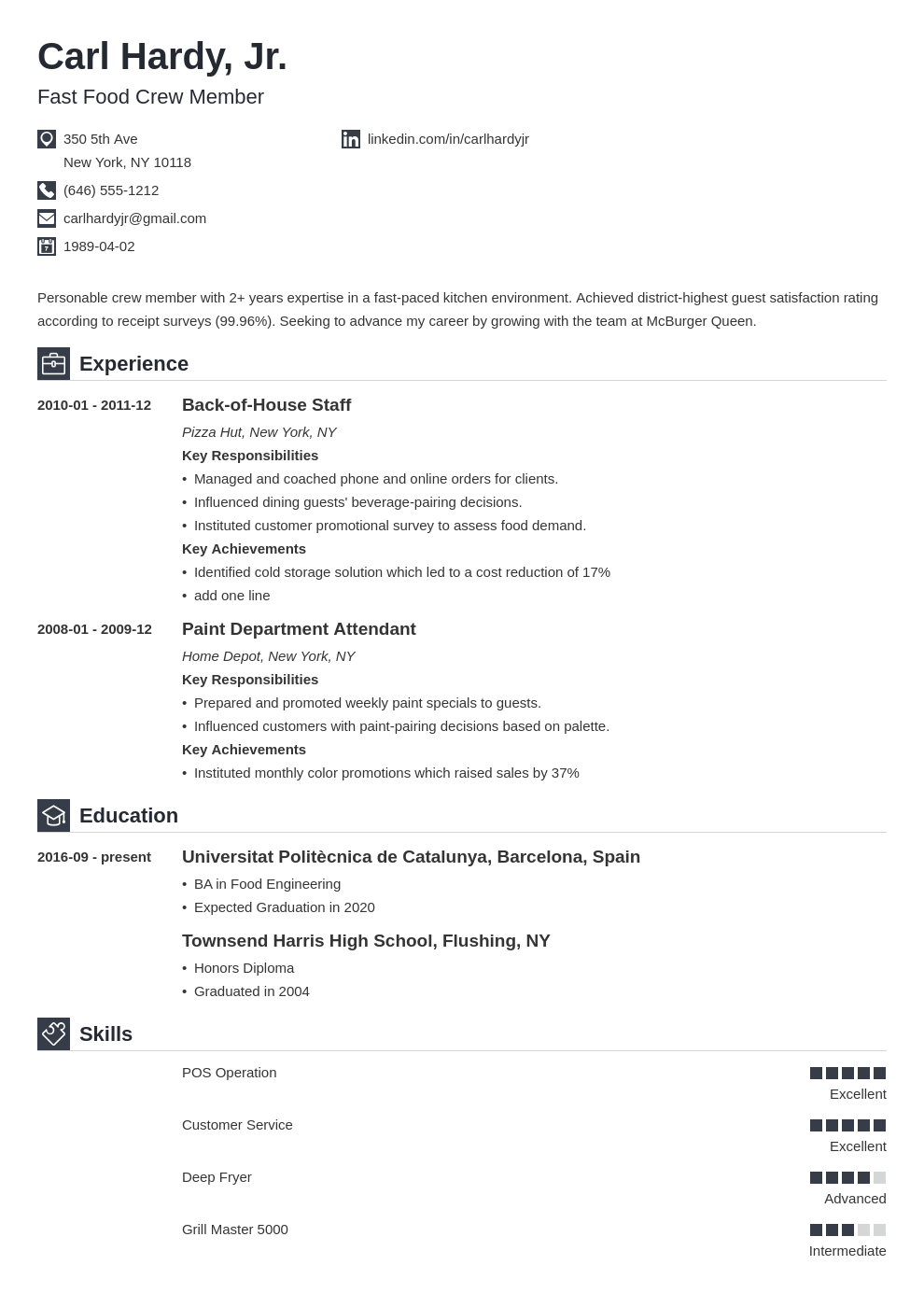Get Resume For Fast Food Example Background  EX Resume