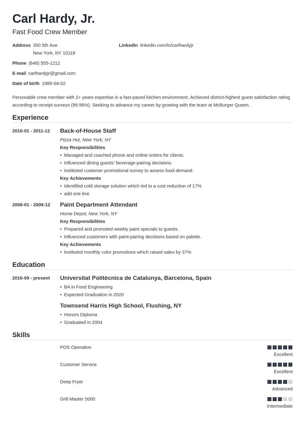 resume objective examples for fast food