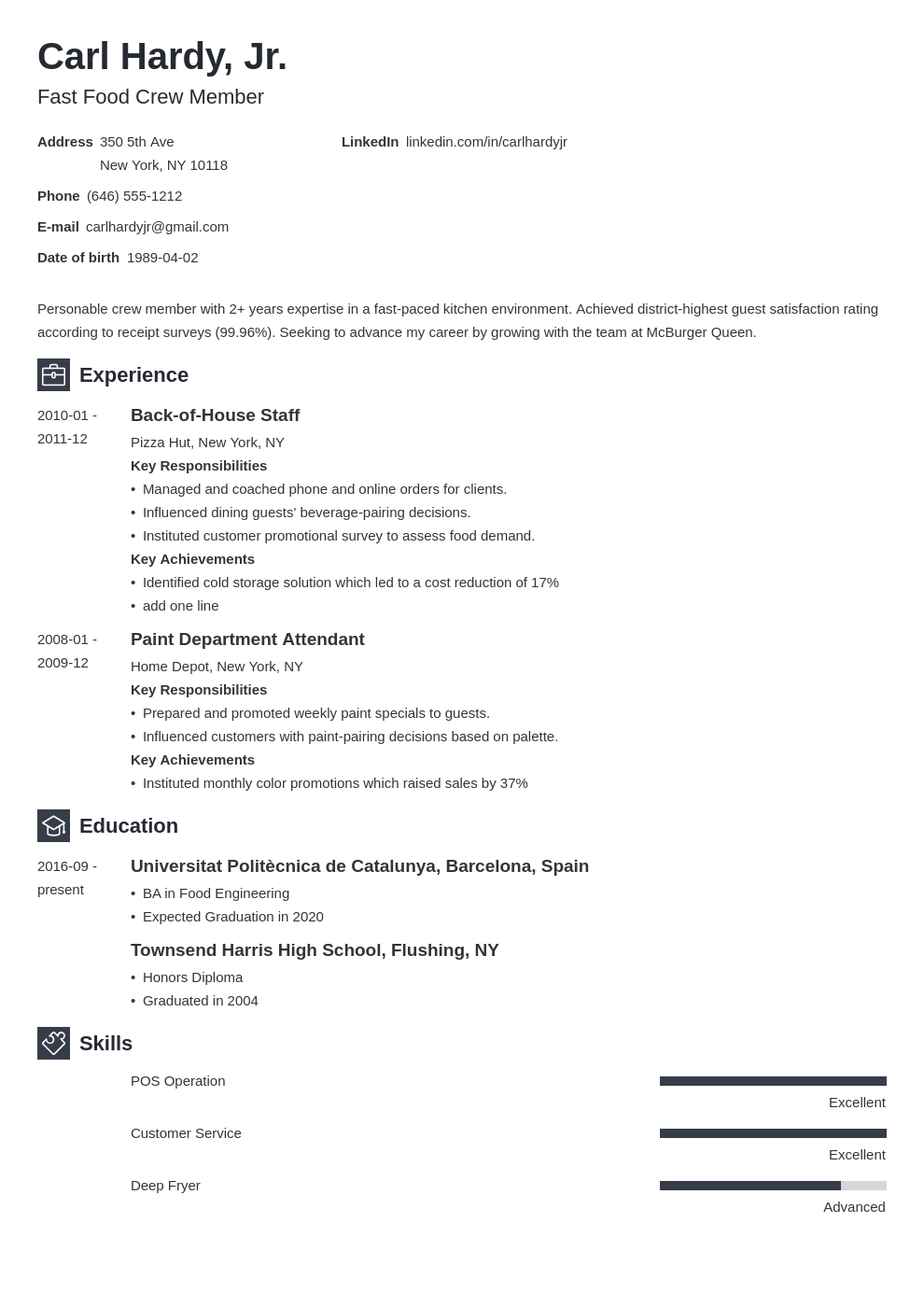 fast food resume example template newcast