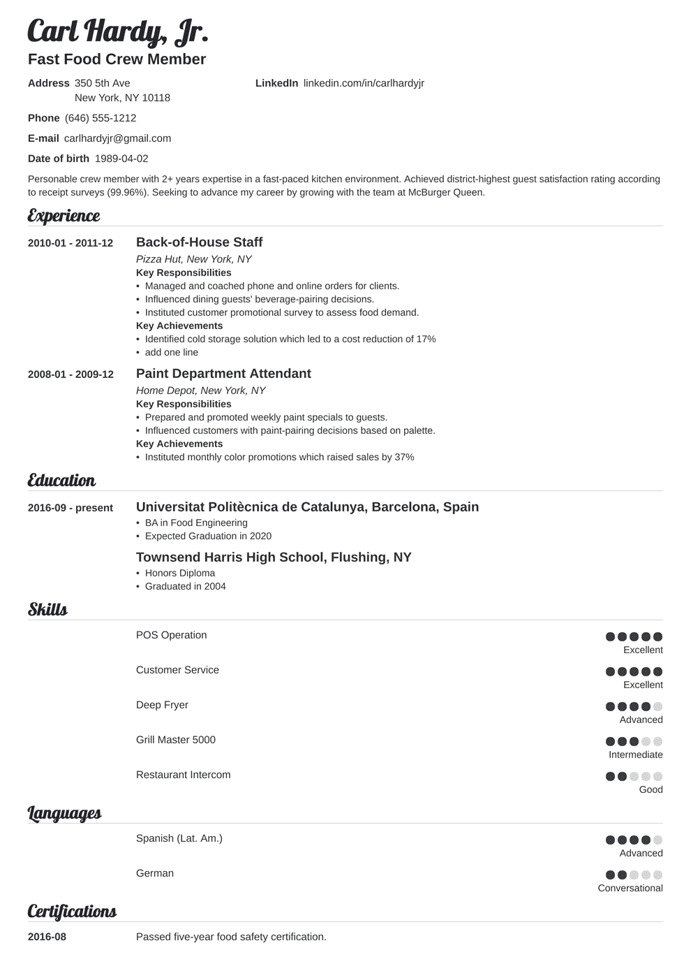 Fast Food Worker Resume Sample [+Skills & Objective]