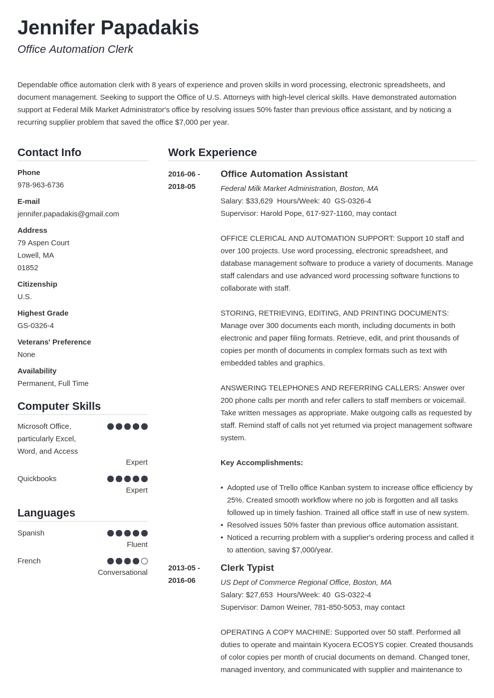 federal resume example template simple