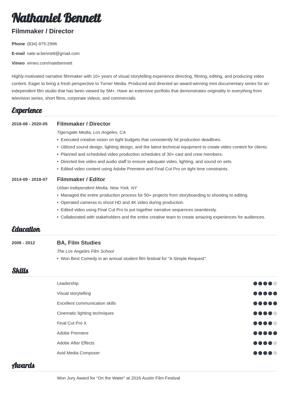 Filmmaker Resume Example, Template & Guide