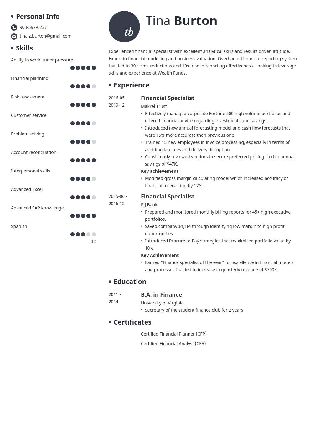 finance resume example template initials
