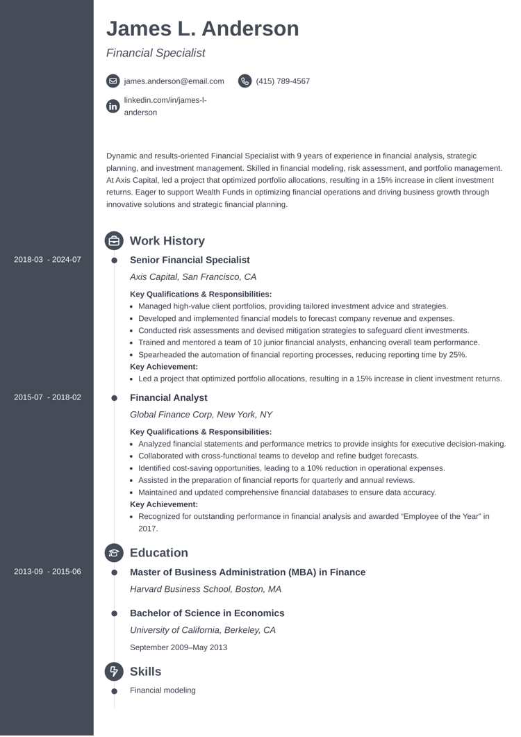 Concept resume template for finance professionals