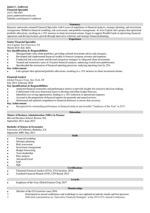 Finance Resume Example