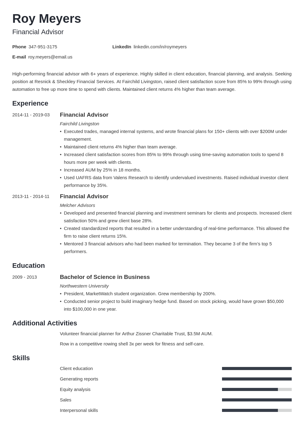 financial advisor resume example