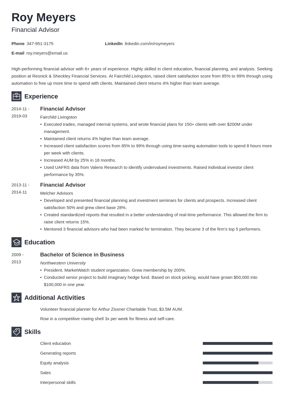 Client Advisor Resume Sample