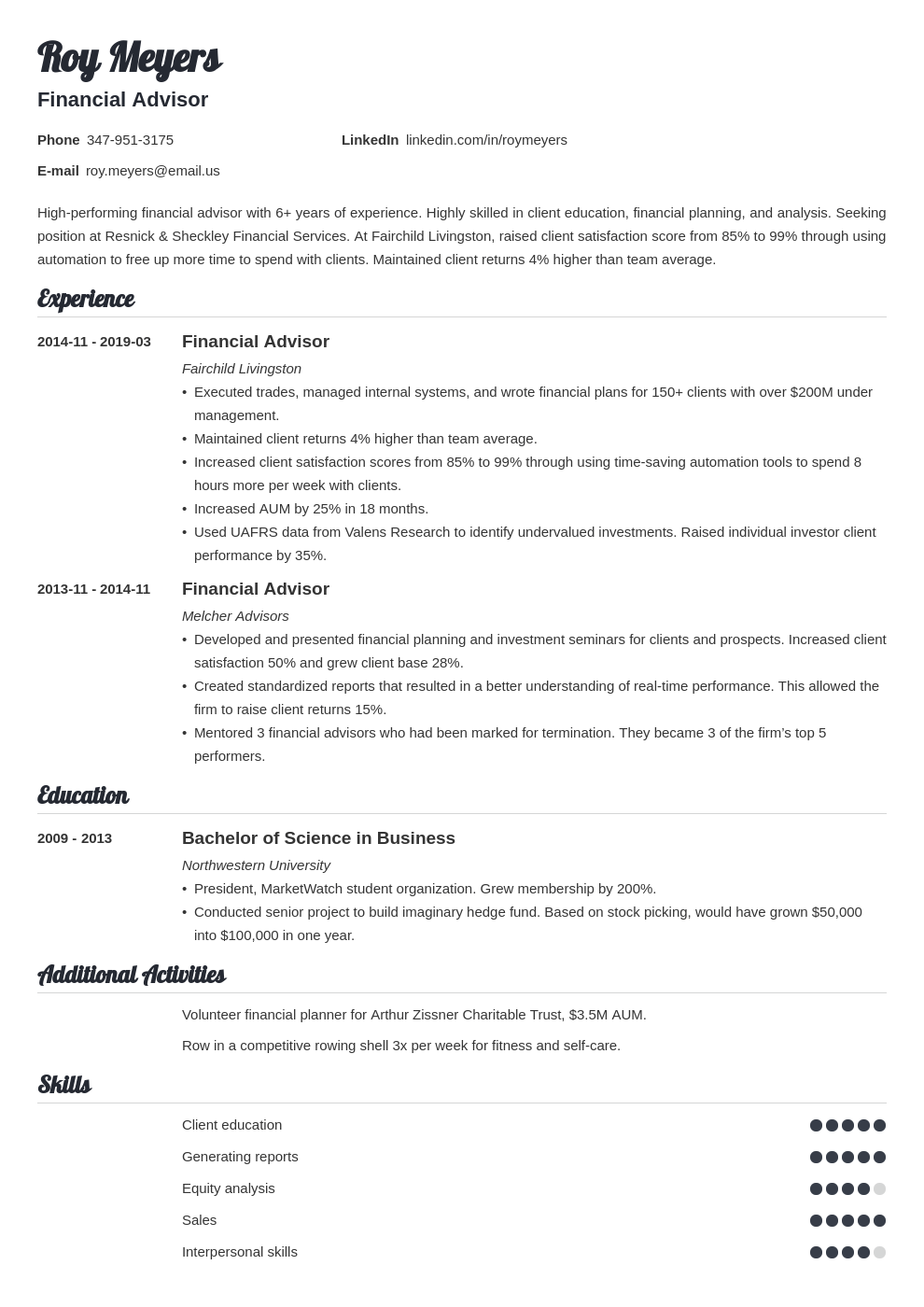 financial advisor resume example template valera