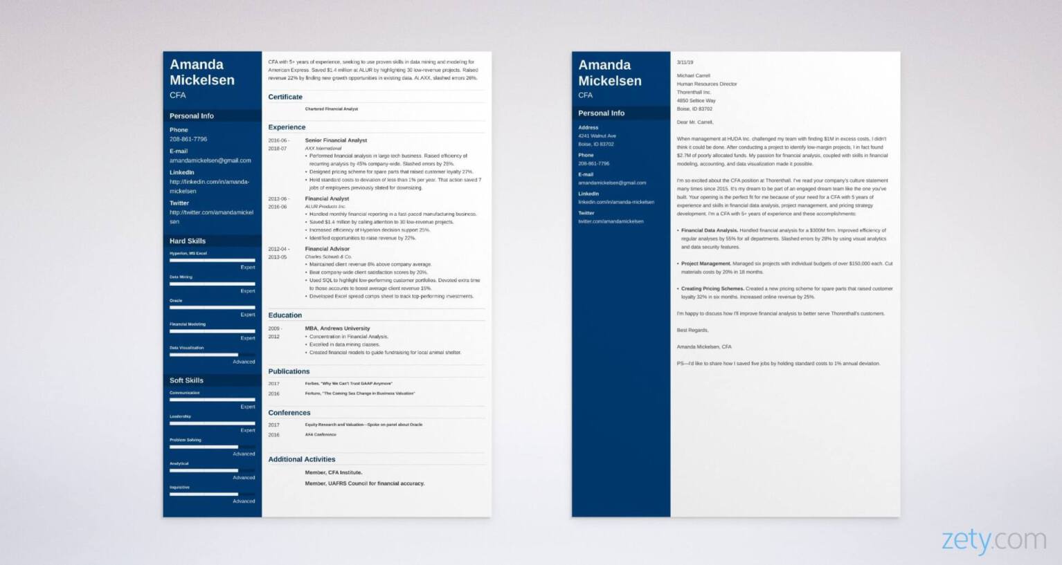 financial analyst resume and cover letter set