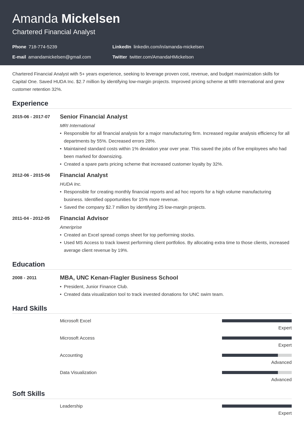 financial analyst ats resume template download free